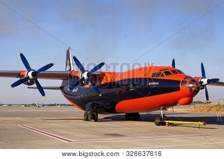 Borispol, Ukraine - September 10, 2019: Ur-csi Cavok Airlines Antonov An-12a Four-engined Turboprop 