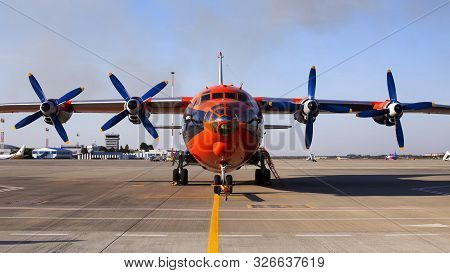 Borispol, Ukraine - September 10, 2019: Ur-csi Cavok Airlines Antonov An-12a Four-engined Turboprop 