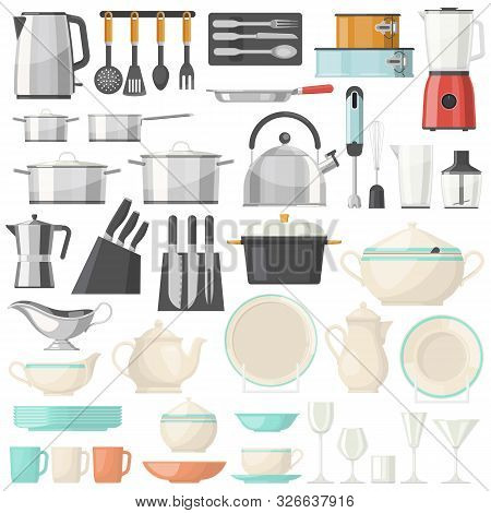 Kitchen Utensils And Crockery, Glassware Dish And Household Appliances, Kitchenware And Cutlery. Cup