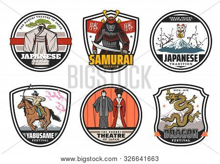Japanese Culture, Tradition And Religion Icons. Vector Kimono, Samurai Warrior, Yabusame Festival, K