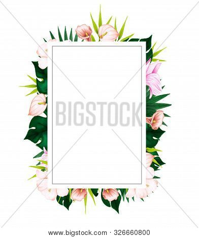 Watercolor Floral Card With Green Branchs. Hand Drawn Illustration. Wedding Frame. Bouquet With Hibi