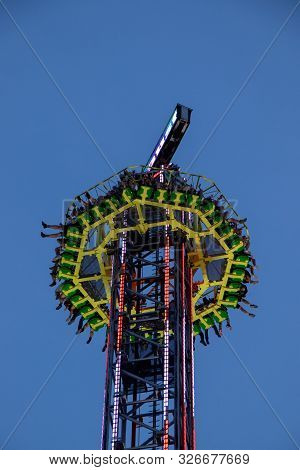 Munich, Germany - September 28: People On The Highest Mobile Free Fall Tower In The World At The Big