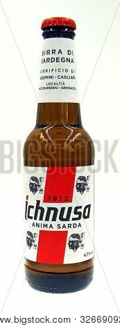 Sardinia, Italy - October 9, 2019: Bottle Of Ichnusa (anima Sarda) Beer, A Pale Ale Styled Lager Bre