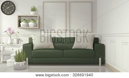 Mock Up Poster Frame In White Living Room With Green Sofa And Decoration Plants On White Glossy Floo