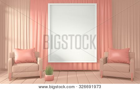 Mock Up Armchair And Decoration Mock Up Room Interior Color Living Coral Style.3D Rendering