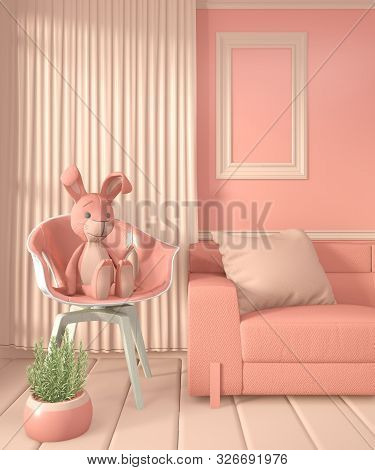 Mock Up Armchair And Decoration Mock Up Room Interior Color Living Coral Style.3D Rendering
