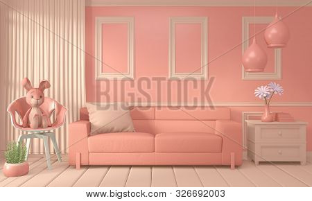 Mock Up Armchair And Decoration Mock Up Room Interior Color Living Coral Style.3D Rendering