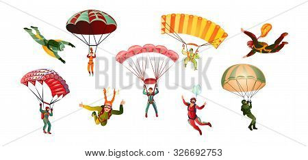 Colorful Set Of Skydivers. Vector Illustration In Flat Cartoon Style