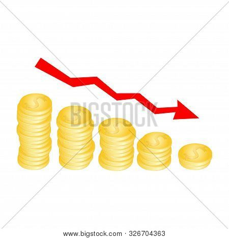 Drop In Revenue. Chart With Gold Coins. Worsening Welfare. Bankruptcy. Business Failure Concept With