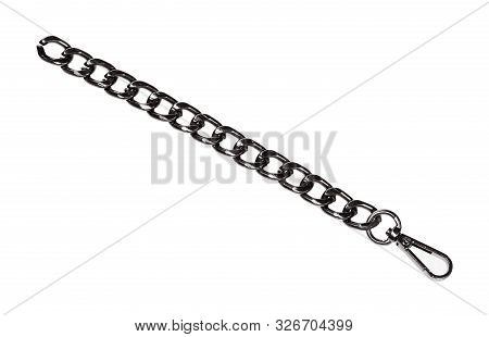 Piece Of Black Chain With Carabiner Isolated On White Background