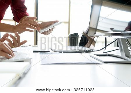 Teamwork Team Programmer Working With Computer Desktop And Laptop And Computer Code In Paper Print.