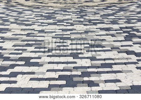 Background Of Colored Pavement Brick. Rectangles Of Gray, White, Blue
