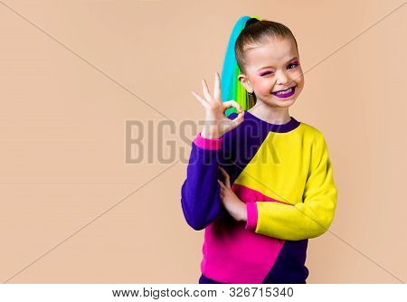 Portrait Of Cute Nice Magnificent Little Lady Have Thoughts Ponder, Hand Showing A Sign Approx, Dres