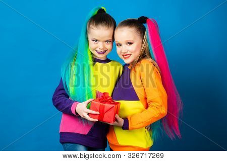 Girls Friends Wear Similar Outfits Have Same Hairstyle Kanekalon Braids Blue Background. Birthday Gi