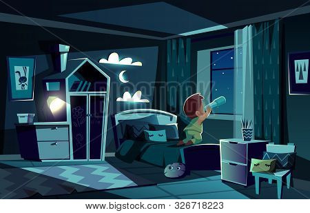 Night Room With Little Boy Watching Stars By Spyglass, Telescope. Bedroom In The Moonlight, Children