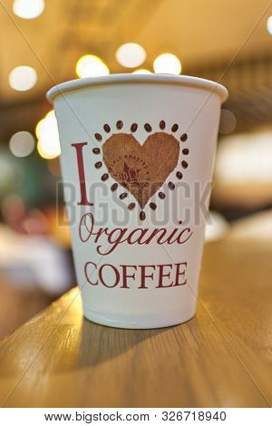 HONG KONG, CHINA - CIRCA JANUARY, 2019: close up shot of a paper cup on a table at Pret a Manger. Pret a Manger is an international sandwich shop chain based in the United Kingdom.