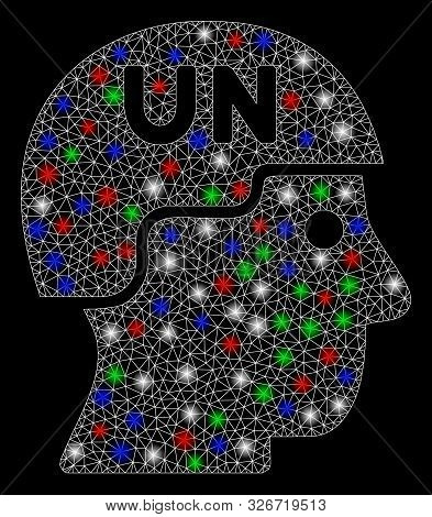 Bright Mesh United Nations Soldier Helmet With Glare Effect. White Wire Frame Polygonal Mesh In Vect