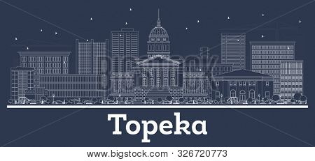 Outline Topeka Kansas USA City Skyline with White Buildings. Business Travel and Concept with Historic Architecture. Topeka Cityscape with Landmarks. 