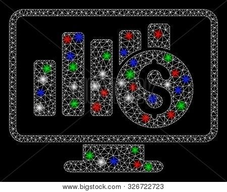 Bright Mesh Stock Market Monitoring With Glare Effect. White Wire Carcass Polygonal Mesh In Vector F