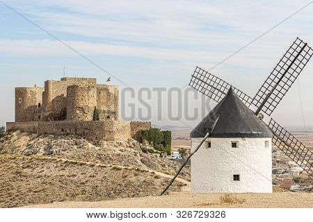 Landscape In The Spanish Municipality Of Consuegra With An Old Windmill And The Castle Of La Muela I