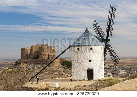 Landscape In The Spanish Municipality Of Consuegra With An Old Windmill And The Castle Of La Muela I