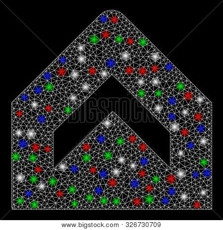 Bright Mesh More With Lightspot Effect. White Wire Carcass Triangular Mesh In Vector Format On A Bla