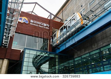 Incheon South Korea , 7 October 2019 : Wolmi Sea Train Monorail Leaving Station On Wolmido Island In
