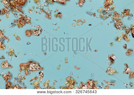 Turquoise Trend Color Background With Frame Decorated With Bronze, Silver And Golden Potal Foil - Fo