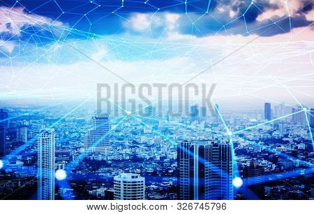 smartcity - internet connections web and busy metropolis at night