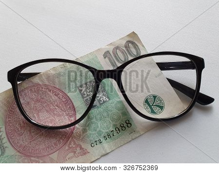 Investment And Promotion For A Better Vision, Czech Banknote Of 100 Korun And Black Plastic Frame Gl