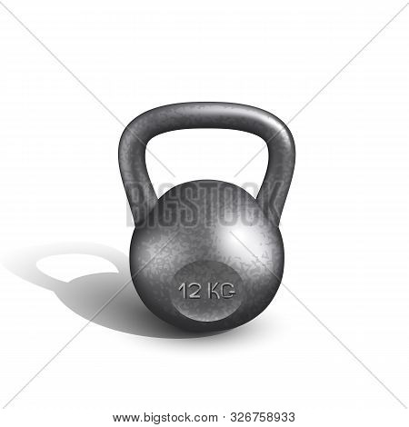 Kettlebell Sportive Heavy 12 Kg Equipment Vector. Classic Black Metallic Training Gym Tool Kettlebel