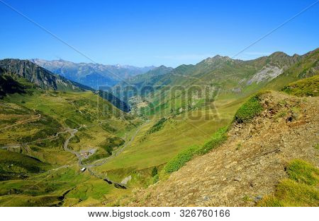 View of the mountain road. Col du Tourmalet in Pyrenees mountains. France