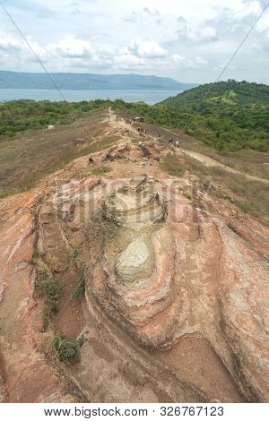 Tourists Walking Hiking Trekking Tour Trail To Taal Volcano, Batangas, Philippines