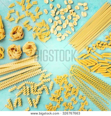 Italian Pasta, Flat Lay Square Banner With A Place For Text, Shot From The Top On A Teal Blue Backgr