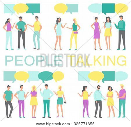 People Talking And Discussing Something Poster Vector. Human With Smartphone In Hands And Thought Bu