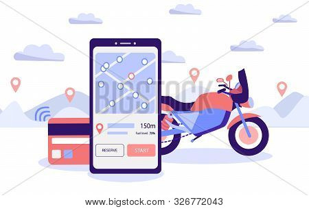 Mobile Motorcycle Rental Application. Sports Bike Rental Carsharing Concept. Motorbike With A Smartp