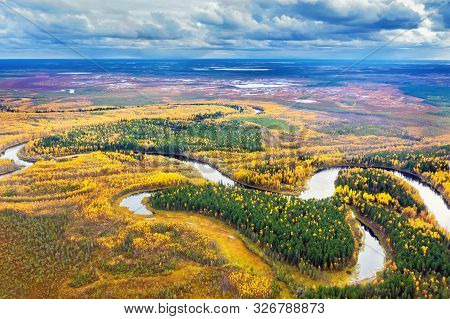 Colorful Autumn Landscape. Aerial Photography Of Landscape In Western Siberia. Agan River, Tributary