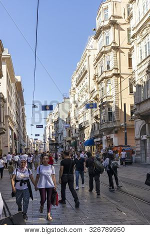 Istanbul, Turkey - July 26, 2019: Walking People At The Pedestrian Street Near Taksim Square At The 