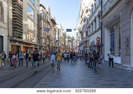 Istanbul, Turkey - July 26, 2019: Walking People At The Pedestrian Street Near Taksim Square At The 