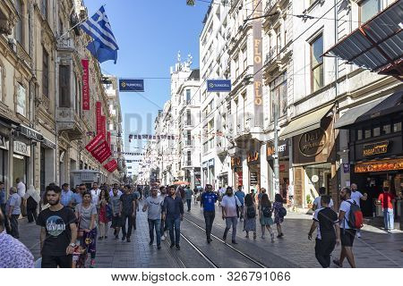 Istanbul, Turkey - July 26, 2019: Walking People At The Pedestrian Street Near Taksim Square At The 