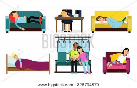 Men And Women Sleeping In Different Poses And Places Vector Illustration Set Isolated On White Backg