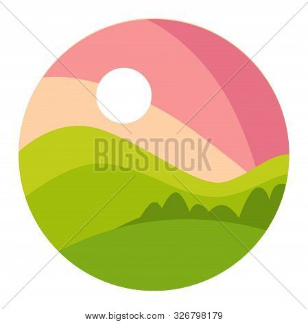 Landscape With Gradual Pink Sunset And Green Shaded Hills In A Circle Icon