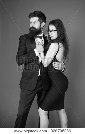 Bearded Man Wear Suit Girl Elegant Dress. Formal Dress Code. Visiting Event Or Ceremony. Couple Read
