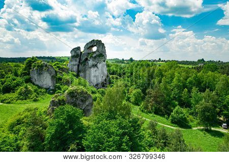 A Panoramic View Of The Unique Okiennik Rock In Poland With A Large Natural Window