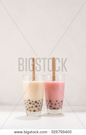 Variety Of Homemade Bubble Tea/ Boba Tea With Tapioca Pearls On White Background