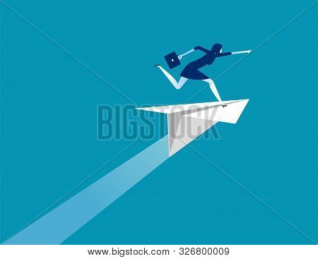 Businesswoman Ride Paper Plane And Pointing To Target. Concept Business Vector Illustration, Flat Bu