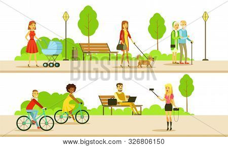 People Relaxing And Doing Sports In The Public Park, Men And Women Walking, Riding Bicycle, Using La