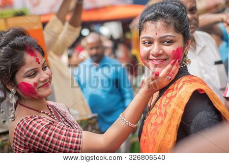 Kolkata, India - 8th October 2019; Women Participate In Sindur Khela At A Puja Pandal On The Last Da
