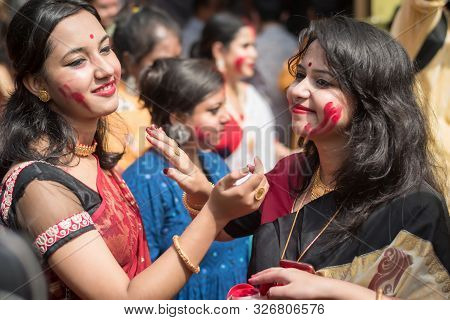 Kolkata, India - 8th October 2019; Women Participate In Sindur Khela At A Puja Pandal On The Last Da