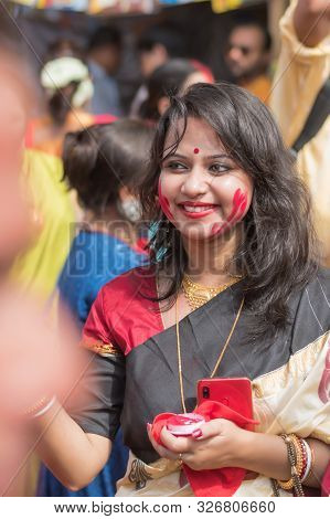 Kolkata, India - 8th October 2019; Women Participate In Sindur Khela At A Puja Pandal On The Last Da
